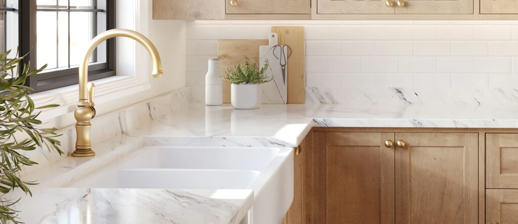 Bright kitchen corner with marble countertop and wooden cabinets.