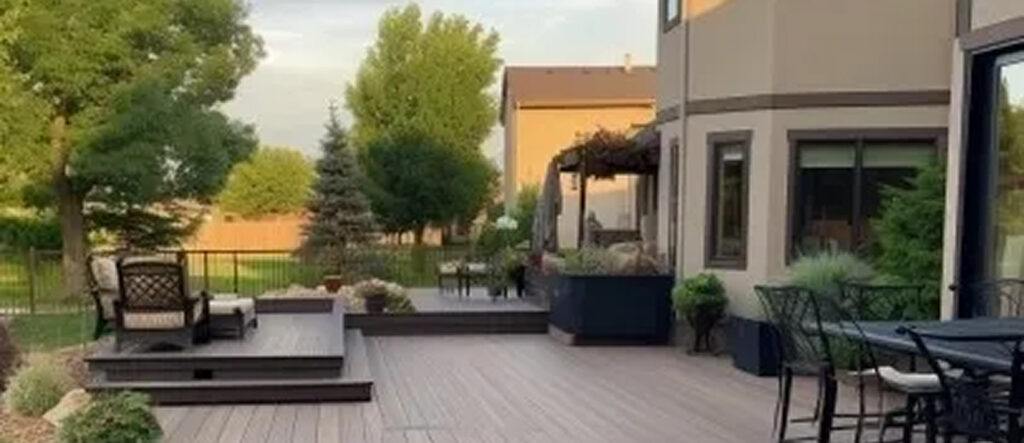 Modern outdoor patio with seating and greenery beside a house.