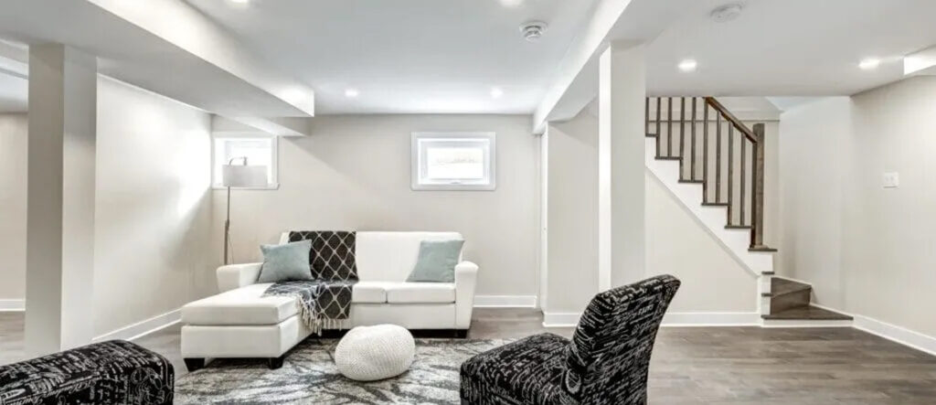 Cozy modern living room with neutral tones and stylish furniture.