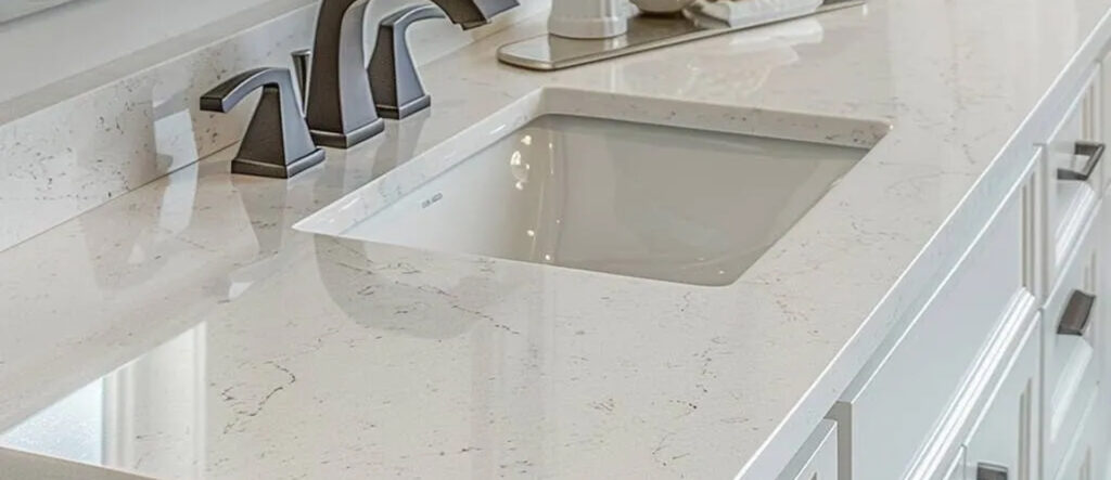 Modern bathroom sink with sleek faucet and marble countertop.