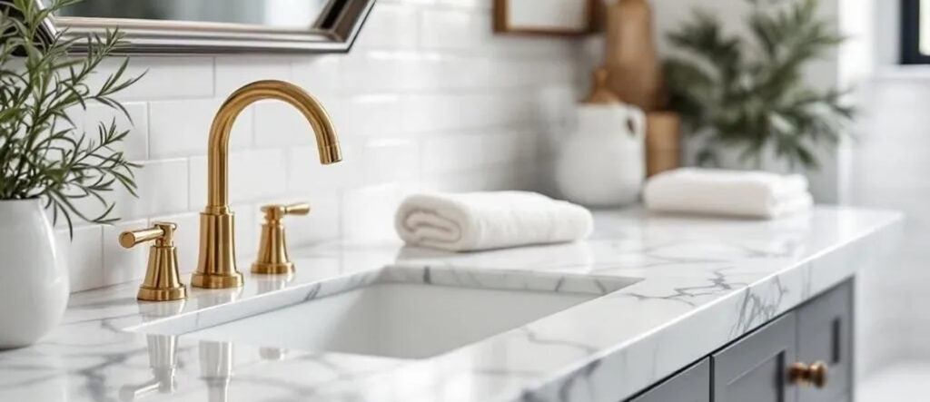 Elegant bathroom sink with marble countertop and gold faucet.